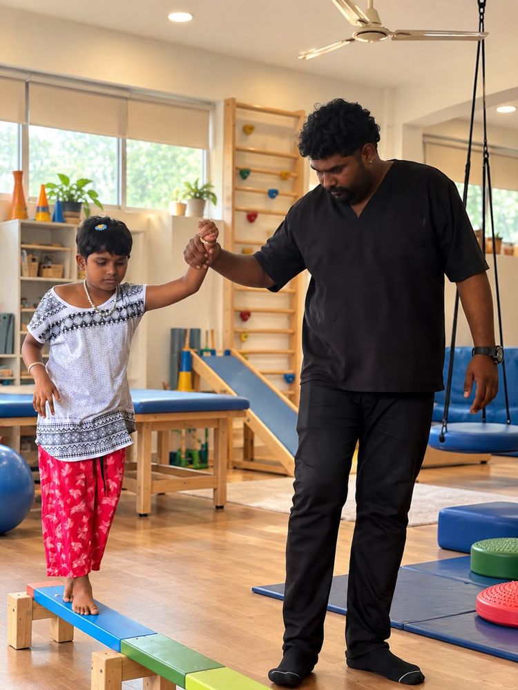 A therapist holds a child's hand while the child walks along a balance beam at Alora